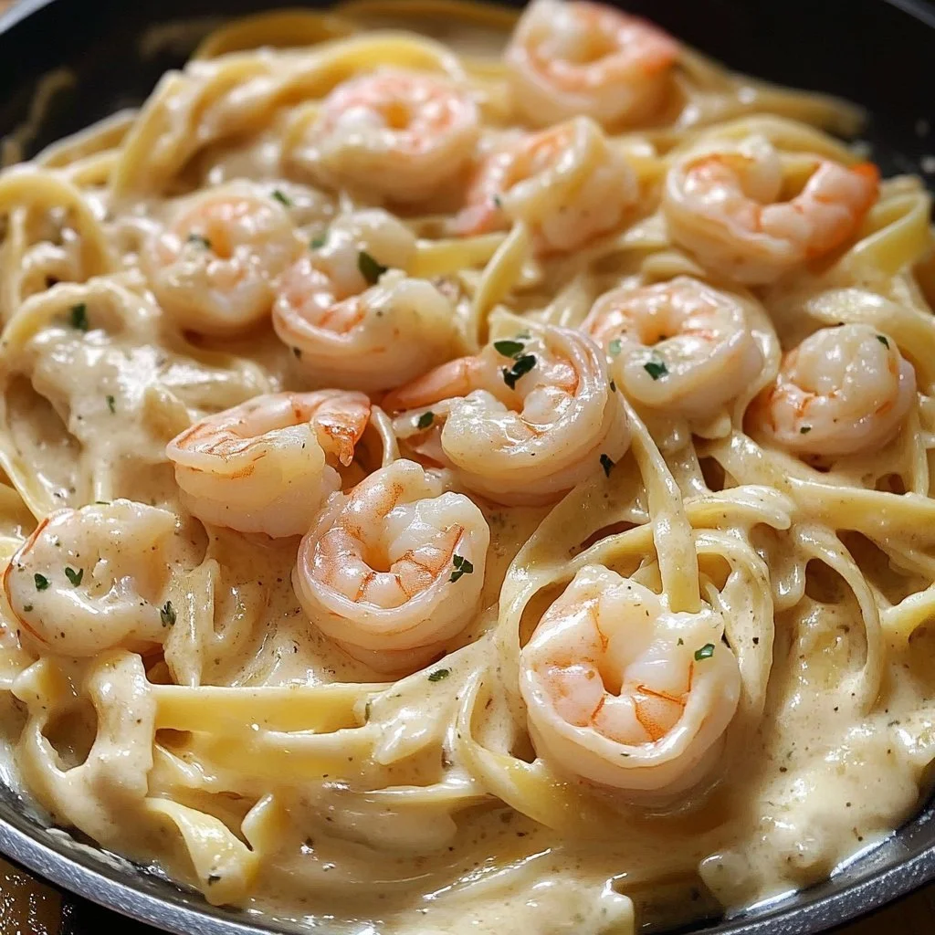 Fettuccine Alfredo mit Garnelen aus einem einzigen Topf serviert