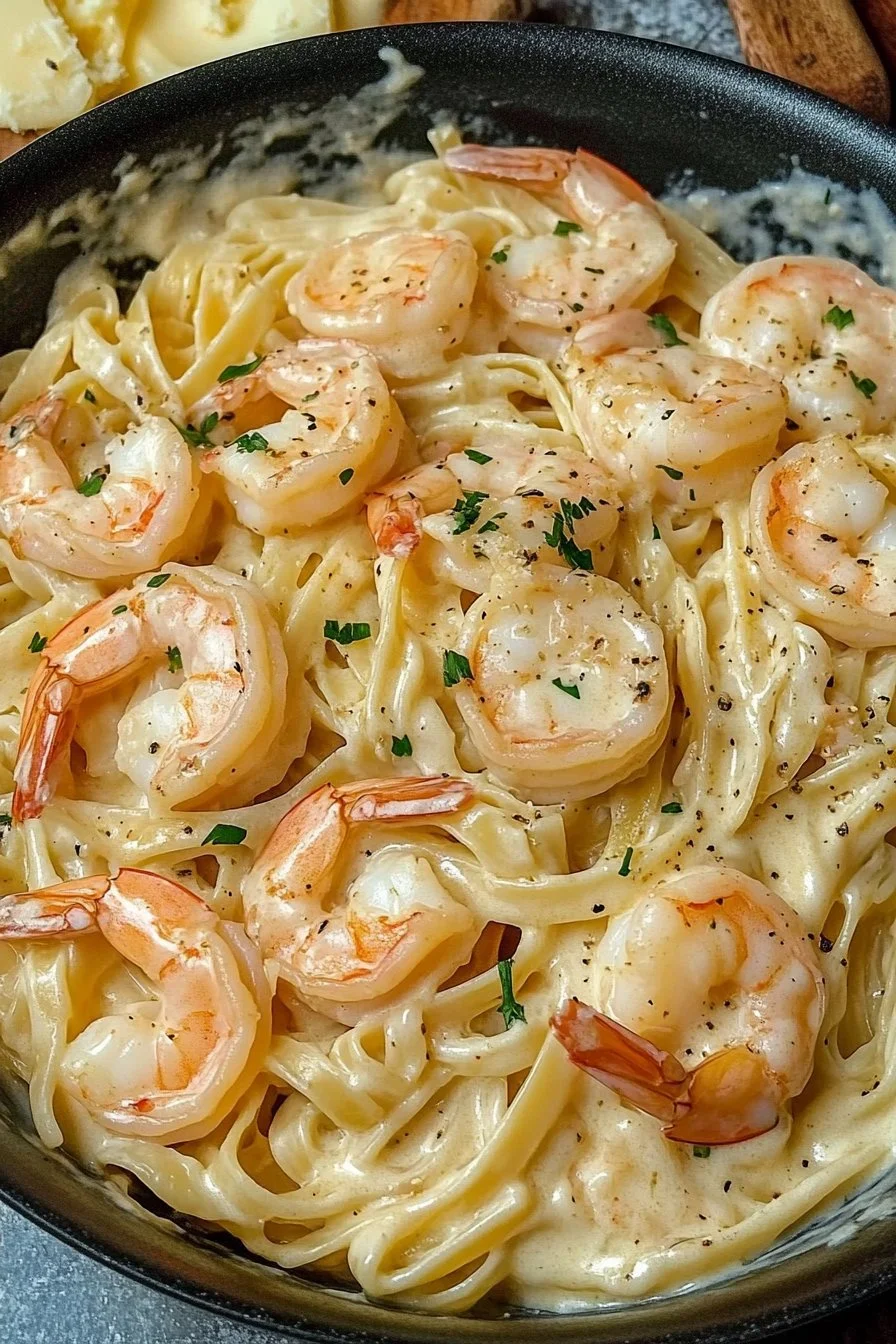 Fettuccine Alfredo mit Garnelen in einem einzigen Topf