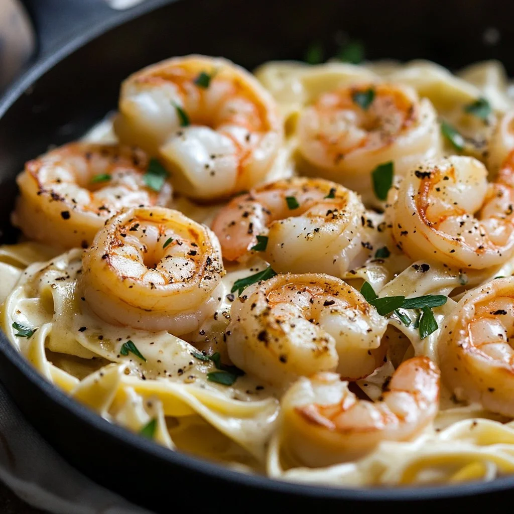 Fettuccine mit Garnelen auf einem Teller serviert, garniert mit frischen Kräutern.