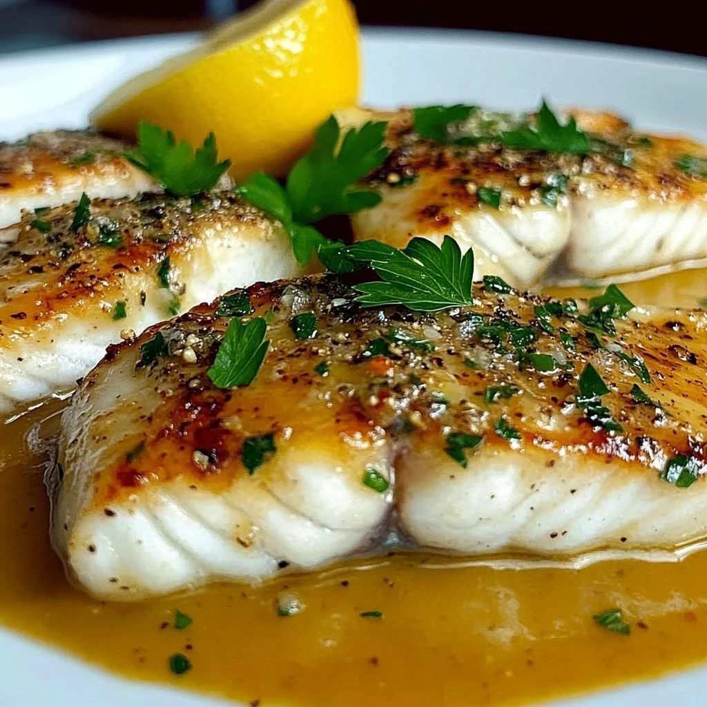 Fischfilet in Senf-Zitronensauce auf einem Teller angerichtet