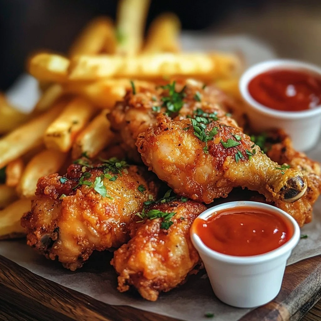 Frittierte Hähnchenpapas in einer knusprigen Panade serviert