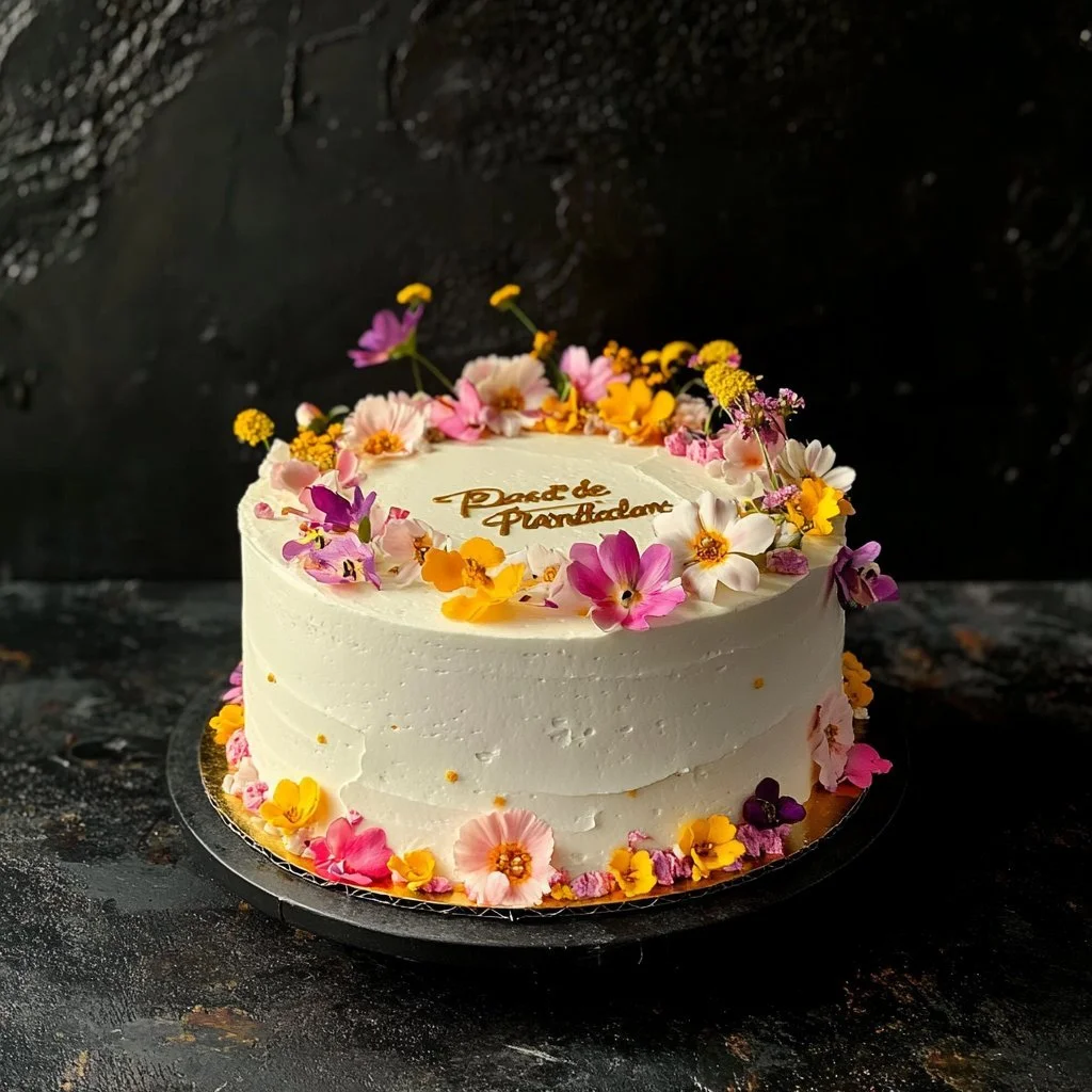 Ein bunter Frühlingskuchen mit frischen Früchten und Blumen dekoriert