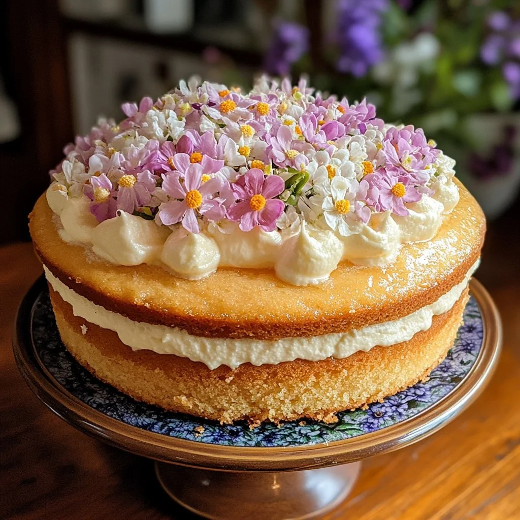 Frühlingstorte mit Vanille, dekoriert mit bunten Früchten und Blumen