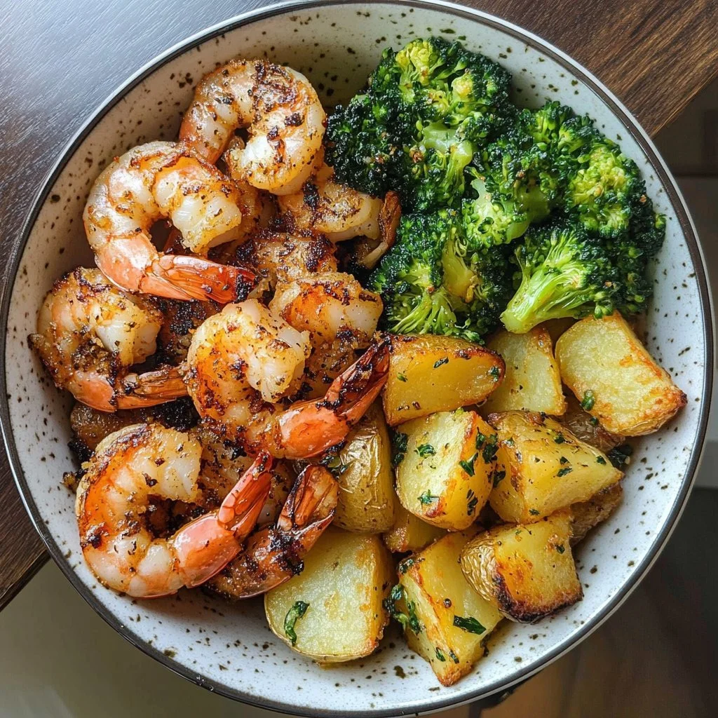 Garnelen mit Parmesan-Kruste und Zitronenkartoffeln auf einem Teller serviert