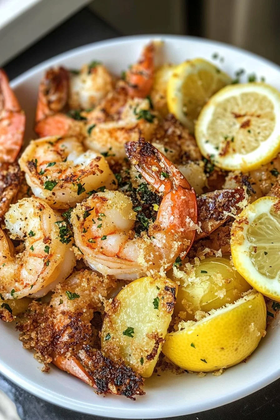 Garnelen mit Parmesan-Kruste und knusprigen Zitronenkartoffeln