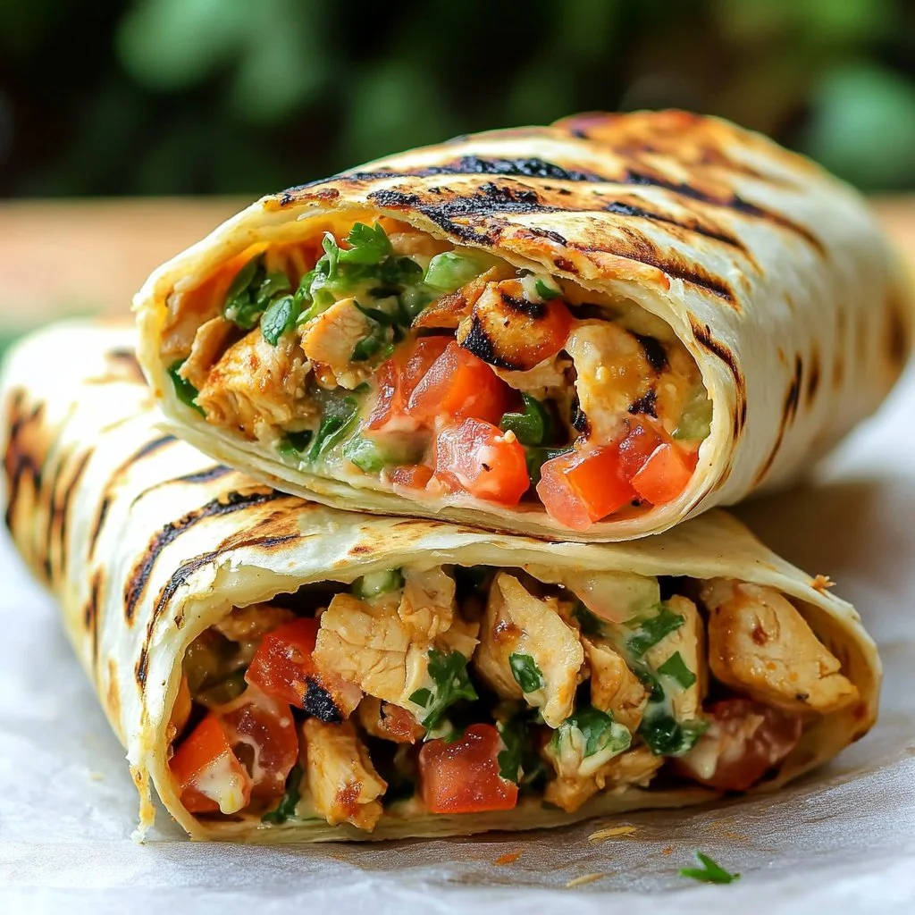 Gegrillter Hühnchen-Burrito mit Chipotle-Ranch-Dressing auf einem Teller serviert