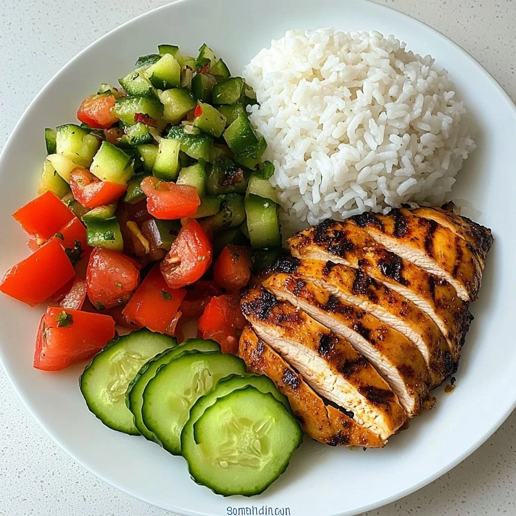 Gesundes Hähnchen mit Reis auf einem Teller, gesund und nährstoffreich.