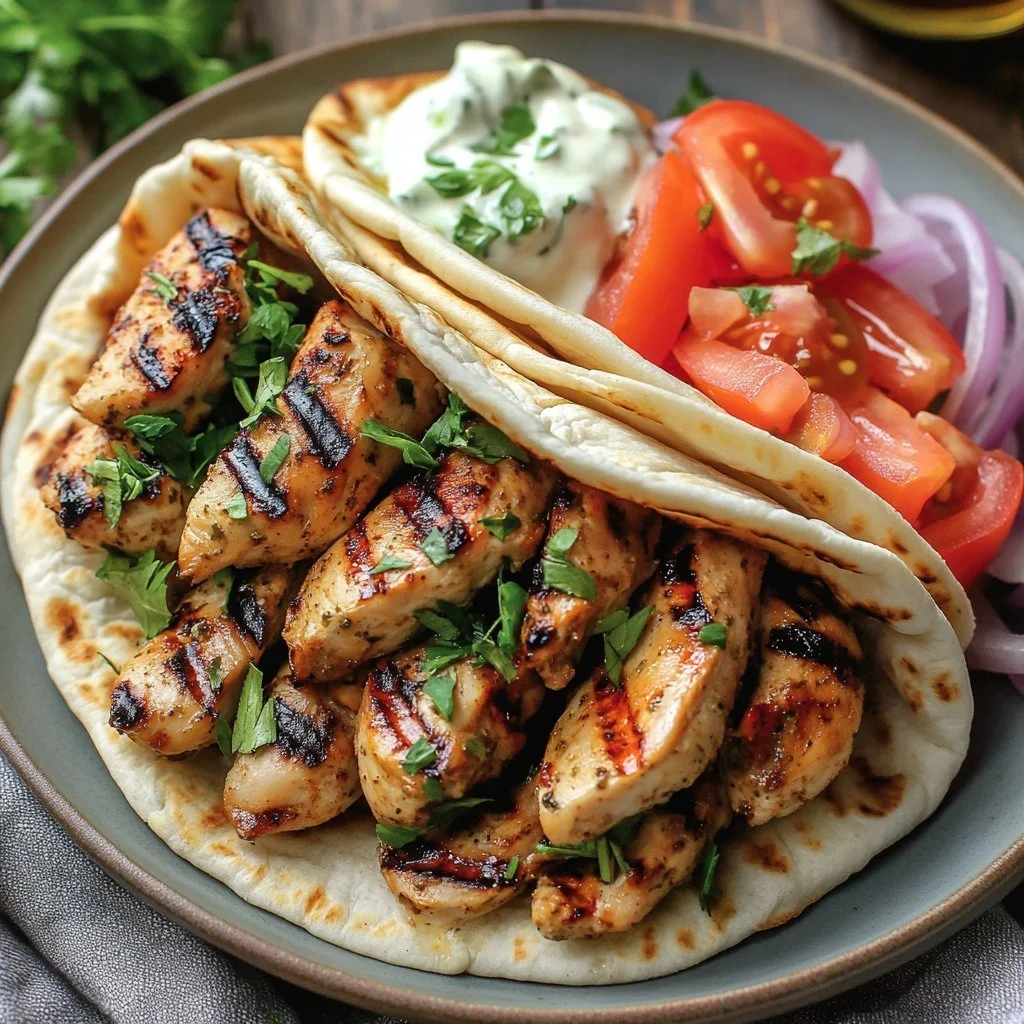 Griechisches Hähnchen-Gyros serviert mit frischem Gemüse und Soße.