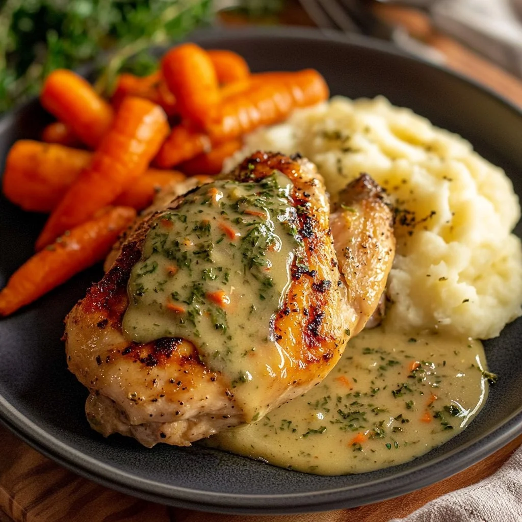 Hähnchen mit Kräutersauce und Kartoffelpüree auf einem Teller