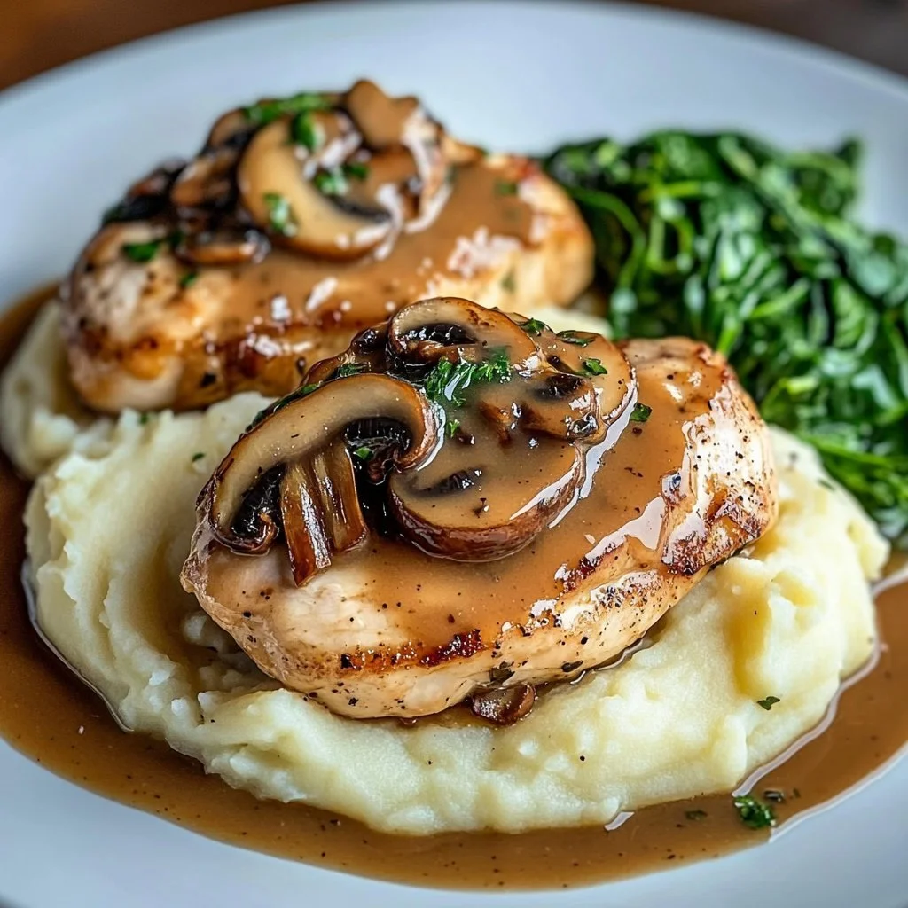 Hähnchen in Sahnesoße mit Champignons auf Kartoffelspinatpüree auf einem Teller