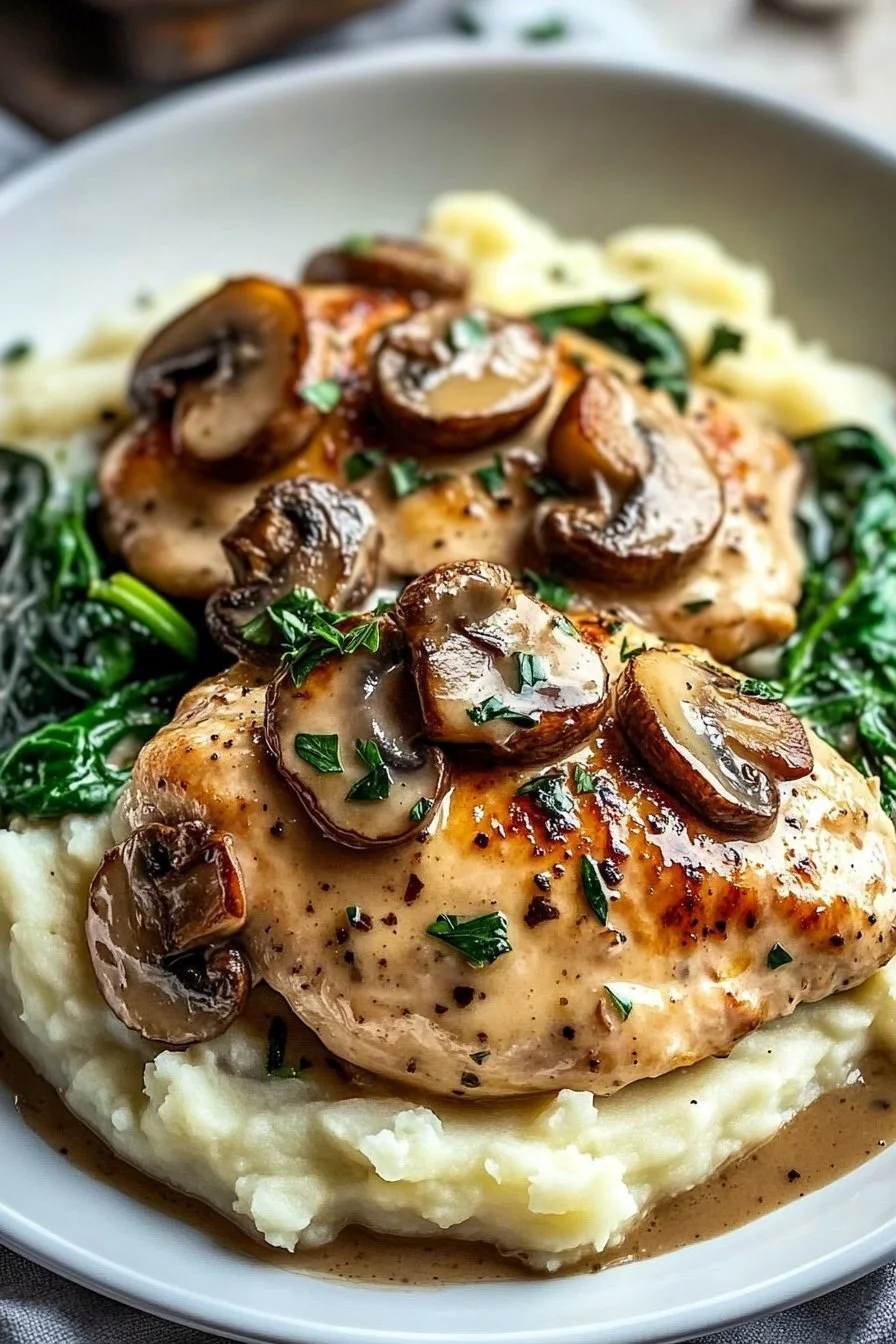 Hähnchen in Sahnesoße mit Champignons auf Kartoffelspinatpüree