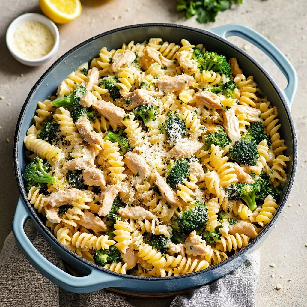 Hähnchen-Nudeln mit Brokkoli in Zitronensahnesauce auf einem Teller serviert