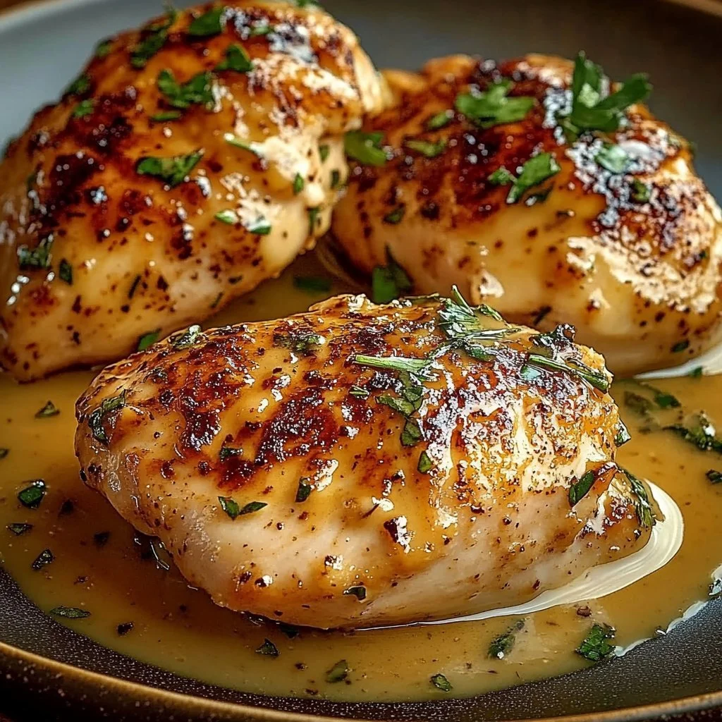 Hähnchenfilets in cremiger Knoblauch-Parmesan-Sauce auf einem Teller serviert.