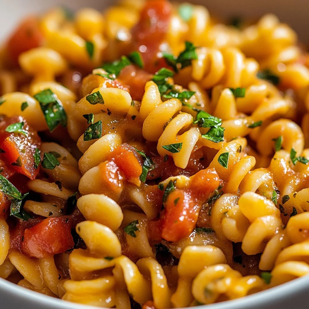 Hähnchenpasta mit cremiger Tomatensauce auf einem Teller serviert