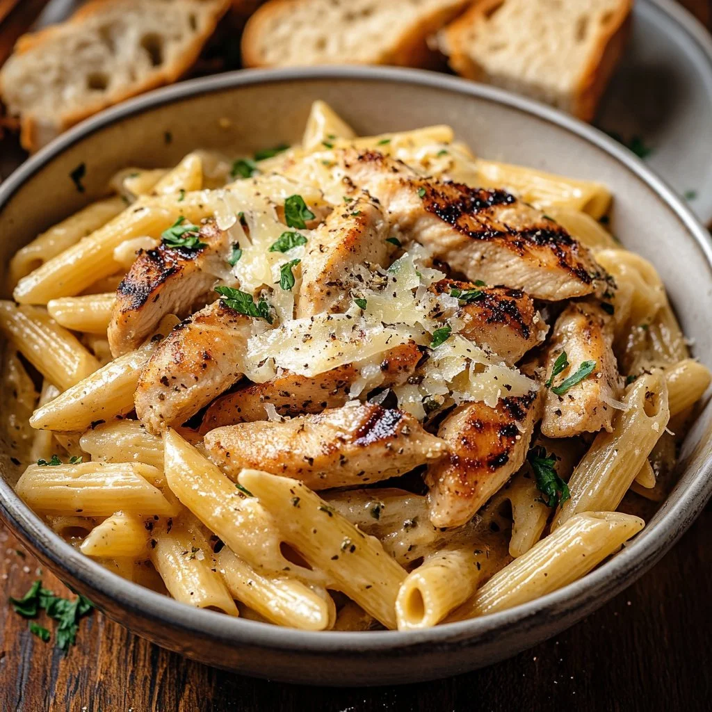 Hähnchenpaste mit Knoblauch und Parmesan auf einem Teller serviert.