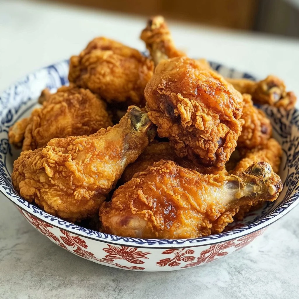 Haitianisches frittiertes Hähnchen (Poul Fri) auf einem Teller serviert.