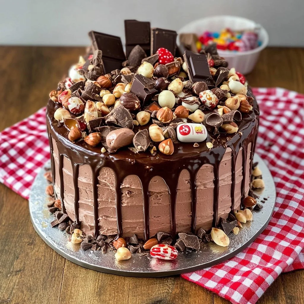 Haselnuss-Kinder-Bueno-Torte mit Schokoladenglasur und Haselnüssen