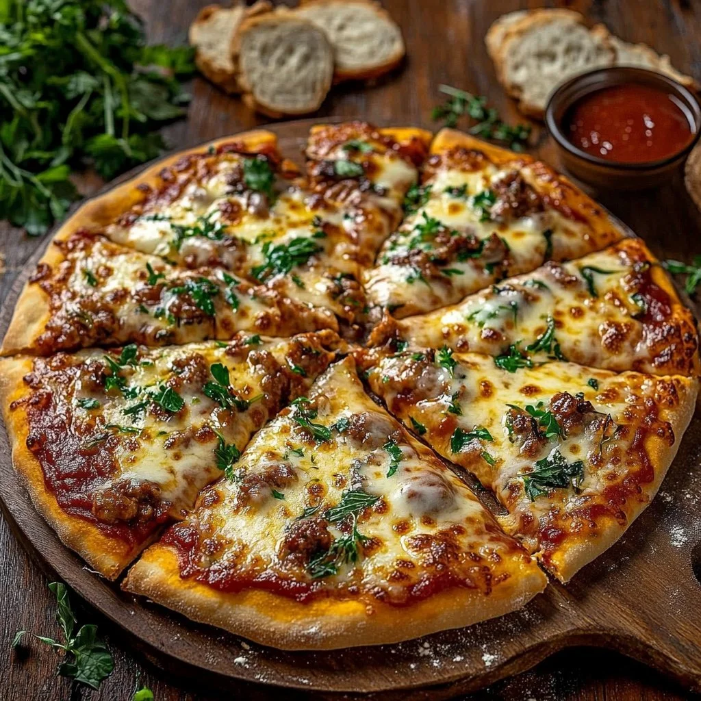Leckere hausgemachte Pizza frisch aus dem Ofen mit frischen Zutaten