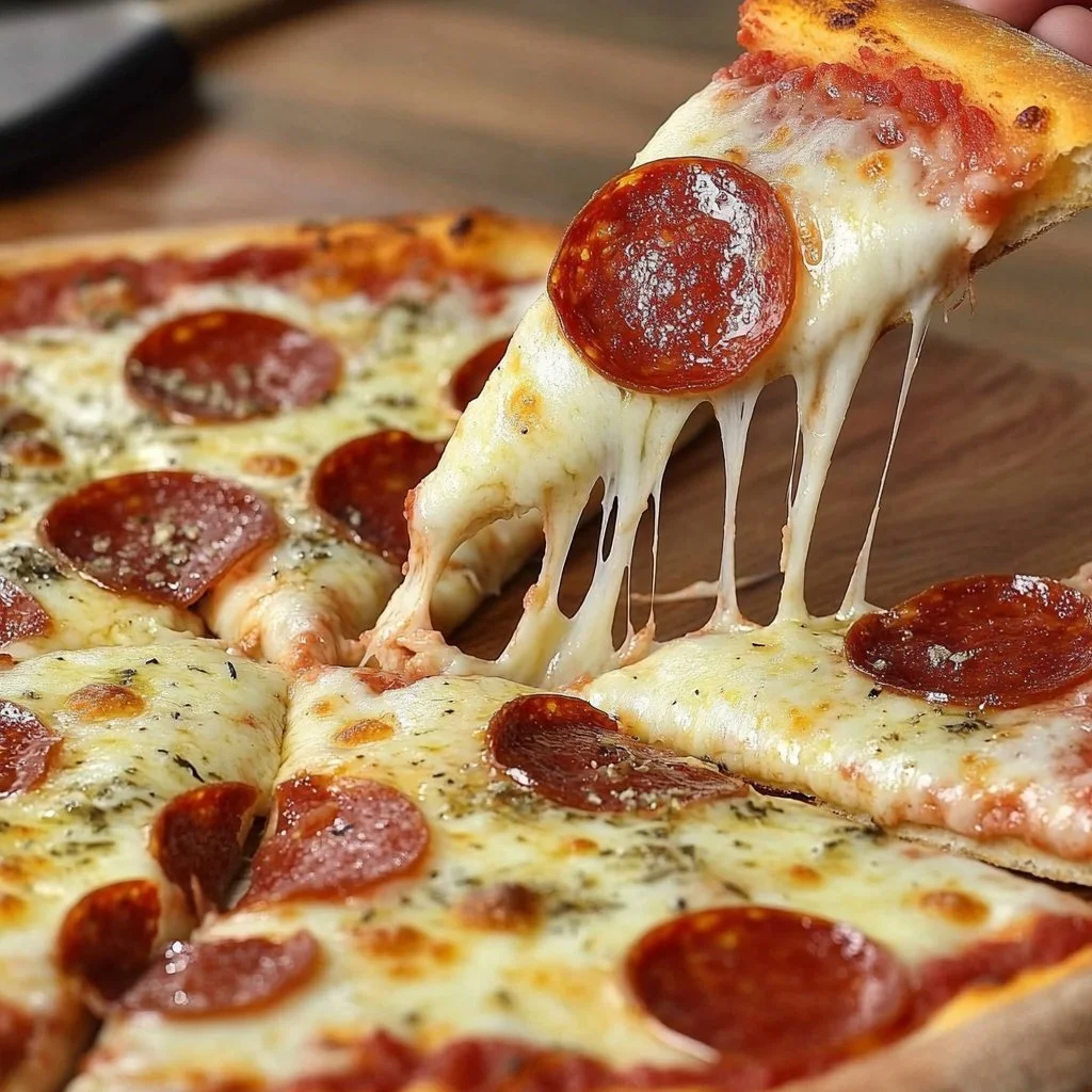 Hausgemachte Pizza mit gefülltem Rand auf einem Holzbrett serviert
