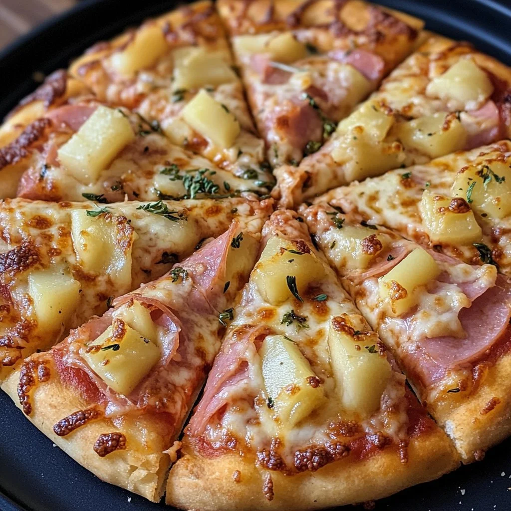 Hawaiipizza mit Schinken und Ananas auf einem Holzbrett