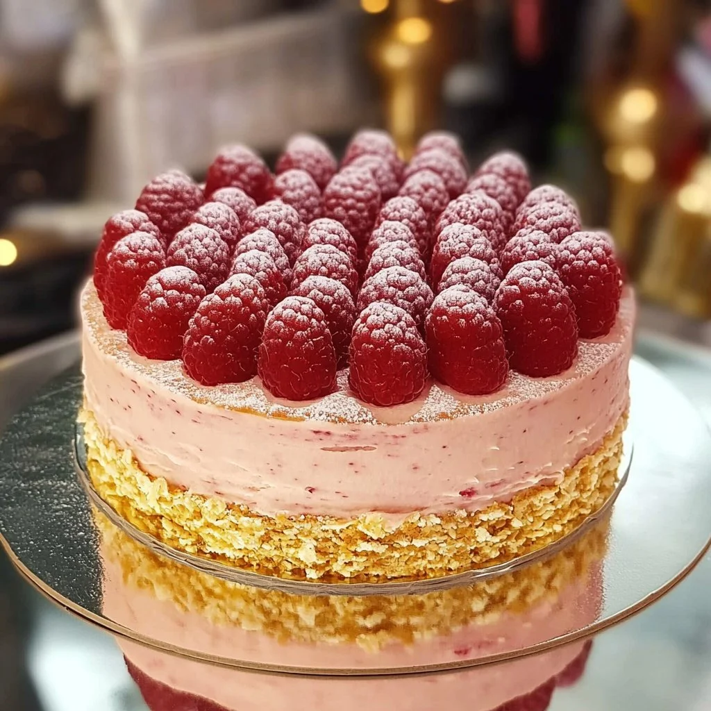 Himbeer-Mousse-Torte mit frischen Himbeeren und cremiger Mousse