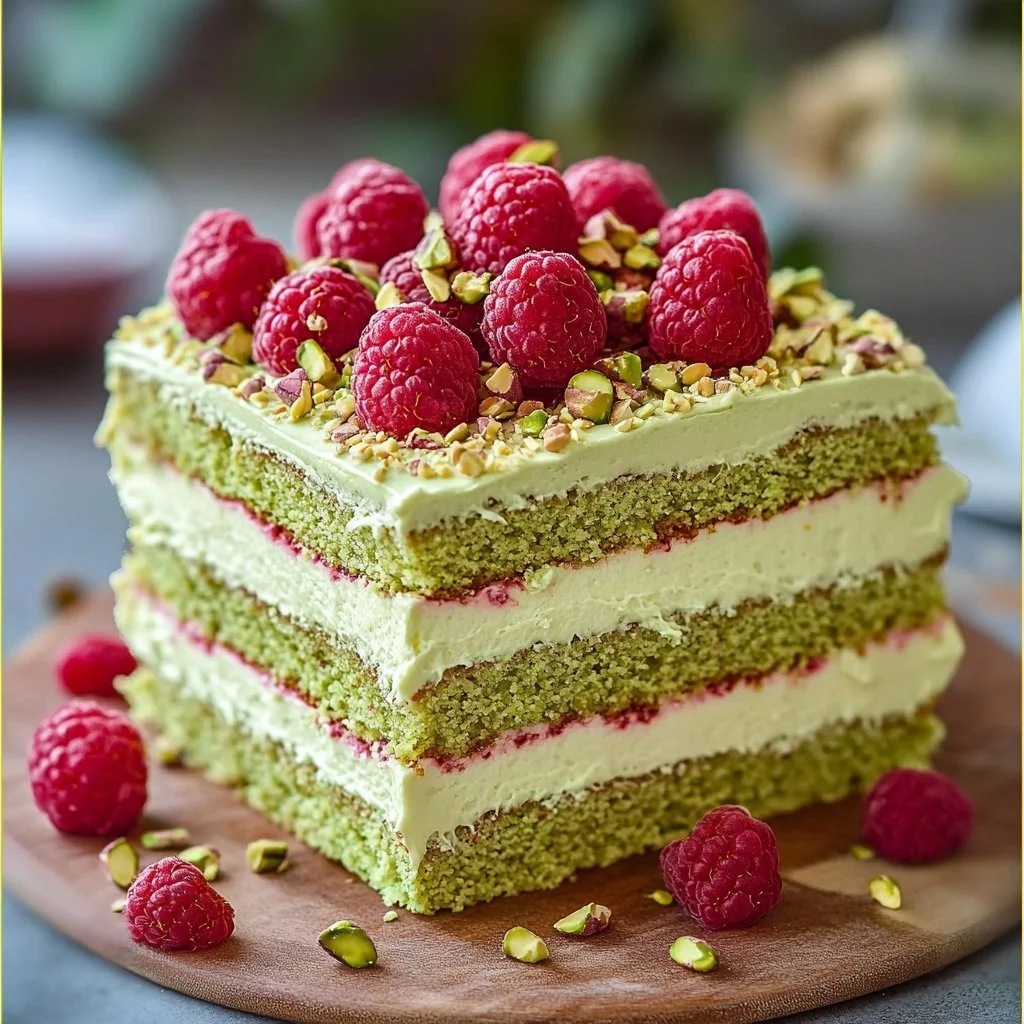 Himbeer-Pistazien-Schichtkuchen auf einem Teller dekoriert mit frischen Himbeeren