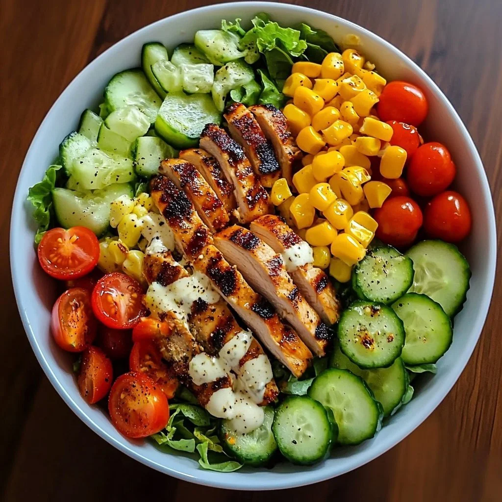 Hühnchen-Avocado-Salat mit frischen Zutaten und Dressing