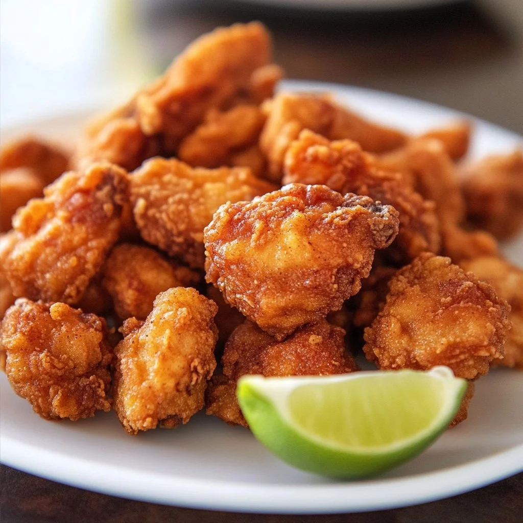 Knusprige Hühnchen-Chicharrón Bissen auf einem Teller serviert