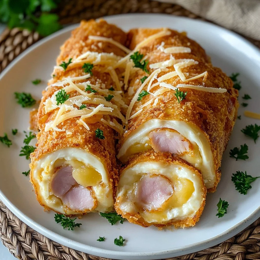 Hühnchen Cordon Bleu mit Käse und Schinken auf einem Teller serviert.