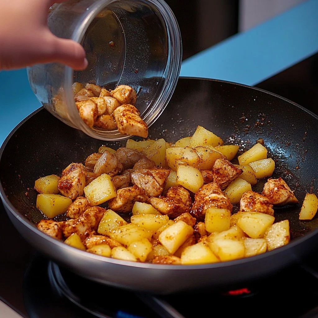 Hühnchen mit Kartoffeln, ein köstliches Gericht auf einem Teller angerichtet.