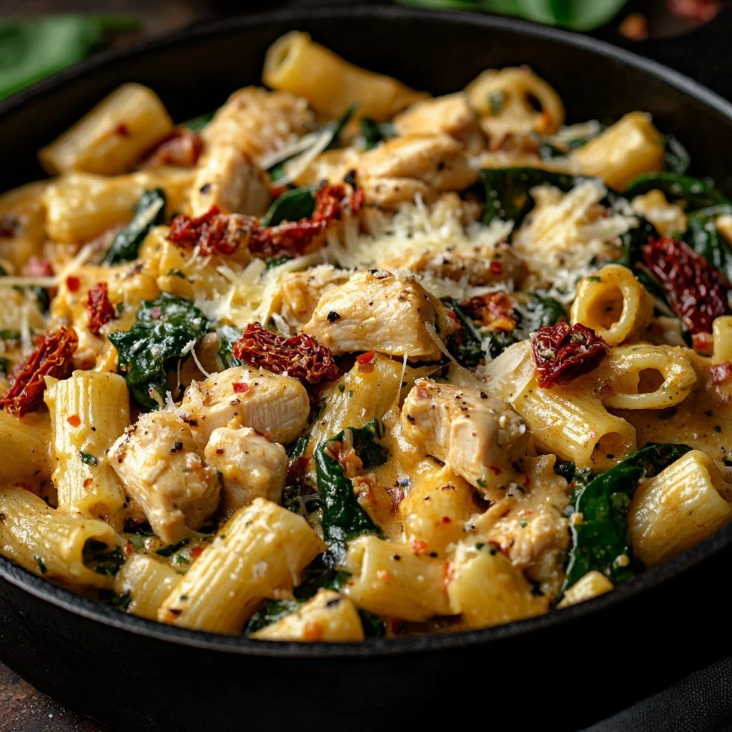 Hühnchen-Pasta nach toskanischer Art mit frischen Kräutern und Tomaten