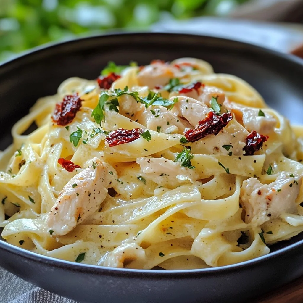 Leckere Hühnchen-Pasta auf einem Teller, ideal für romantische Dinner-Anlässe.