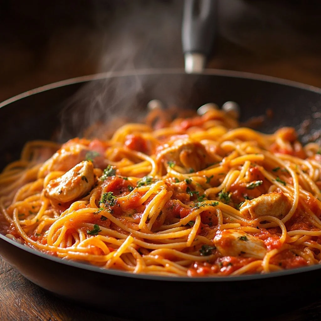 Ein Topf mit Hühnchen-Spaghetti, lecker und einfach zubereitet.