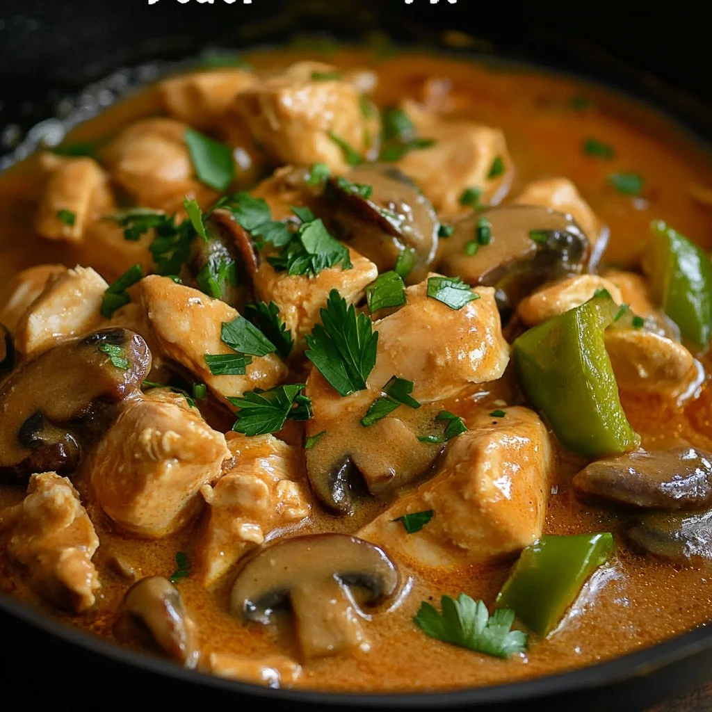 Hühnchen Stroganoff auf einem Teller mit Beilagen serviert.