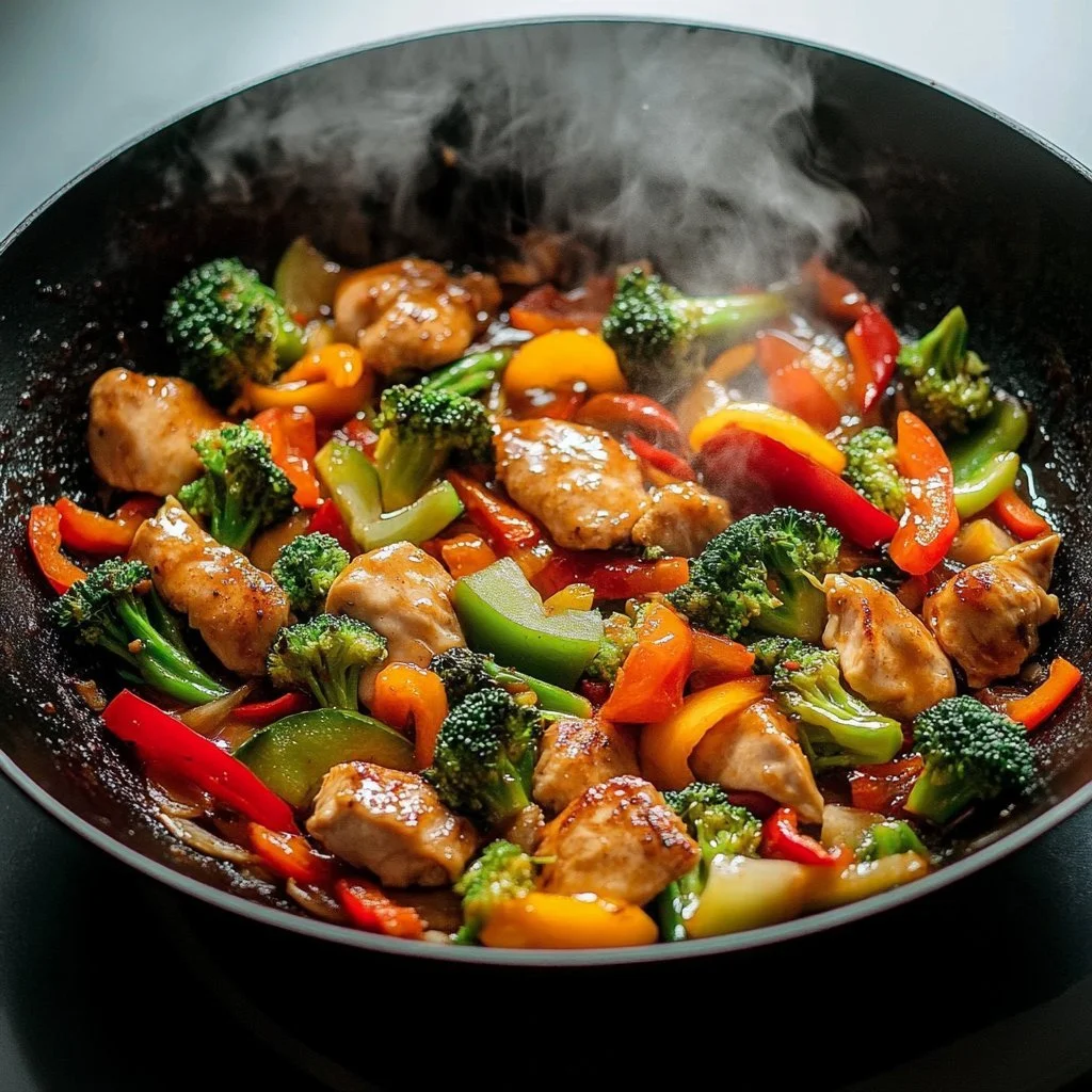 Hühnchen-Wok mit frischem Gemüse auf einem Teller angerichtet