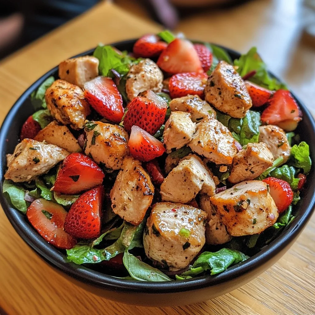 Hühnchensalat mit Erdbeeren auf einem Teller, ideal für eine leichte Mahlzeit