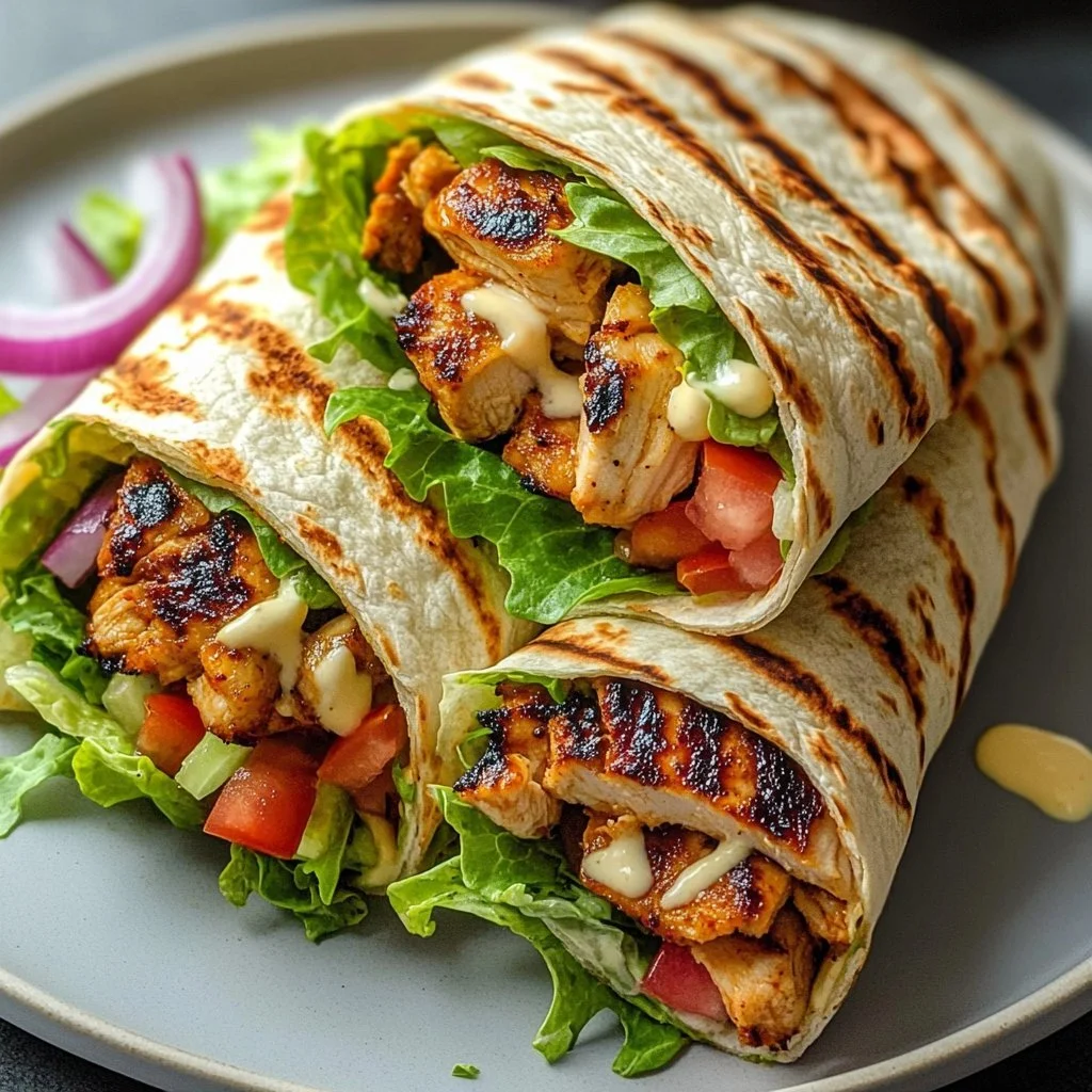 Hühner-Shawarma mit cremiger Knoblauchsauce auf einem Teller serviert