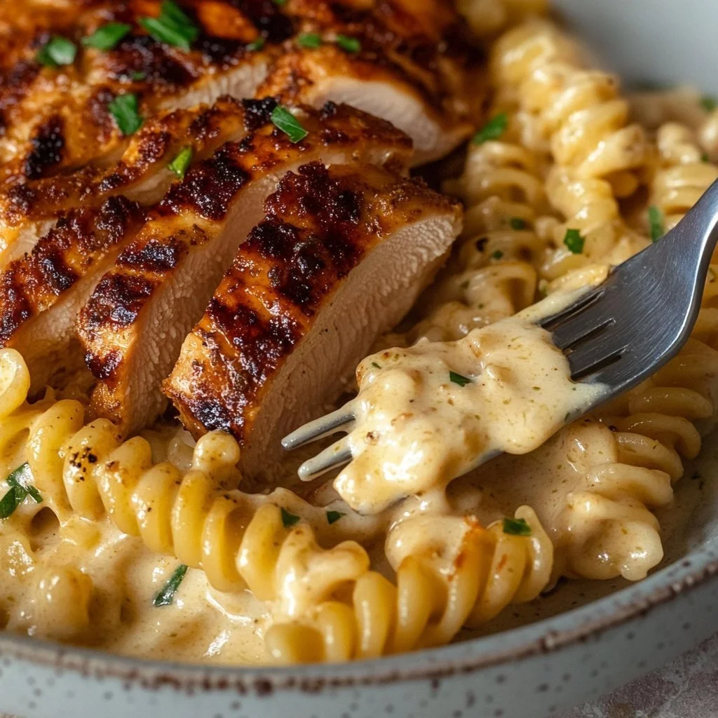 Hühnermett mit Knoblauch und Parmesan auf einem Teller serviert.