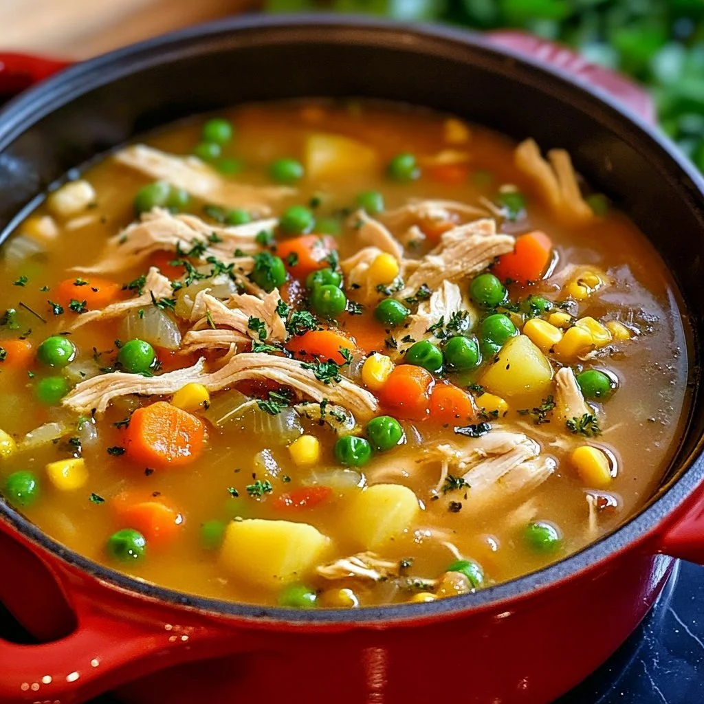 Hühnersuppe mit frischem Gemüse in einer Schüssel serviert.