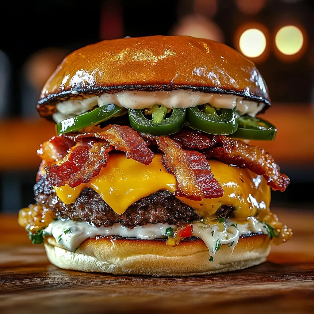 Jalapeño Popper Burger mit Käse und Jalapeños auf einem Grillteller