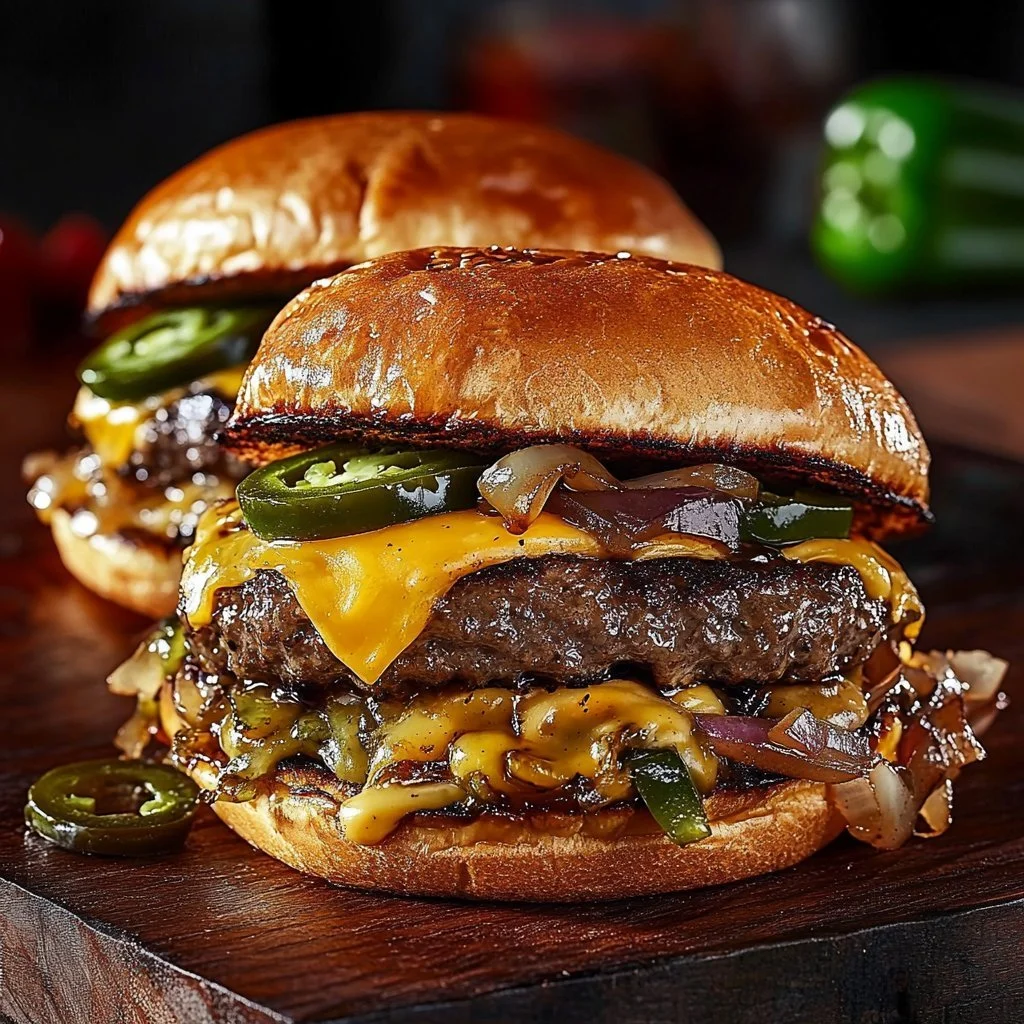 Jalapeño- und Zwiebel-Mash-Burger auf einem Grill serviert