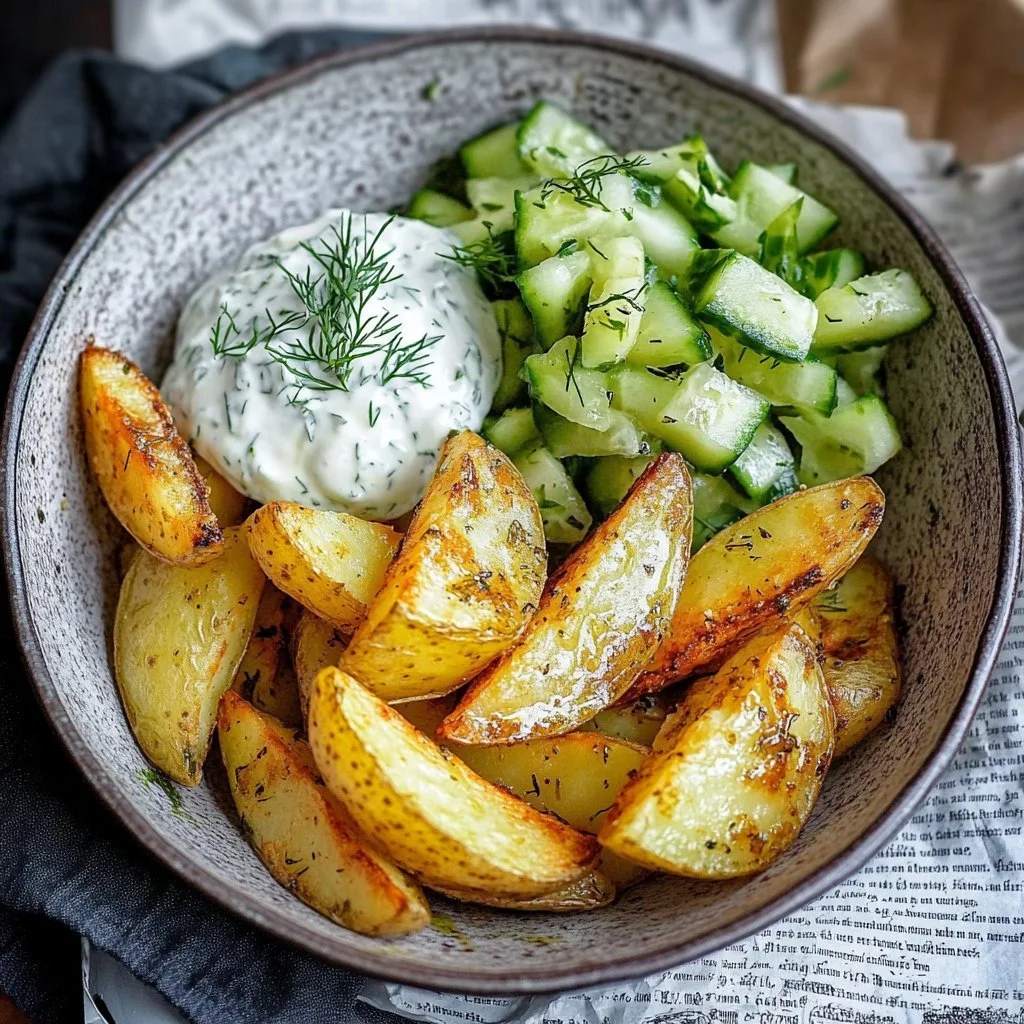 Kartoffelspalten serviert mit erfrischendem Gurkendip