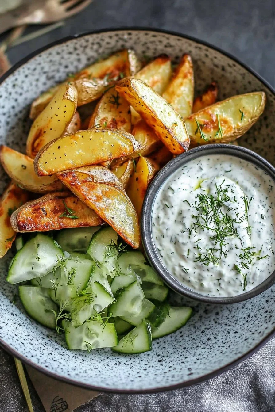 Kartoffelspalten mit Gurkendip