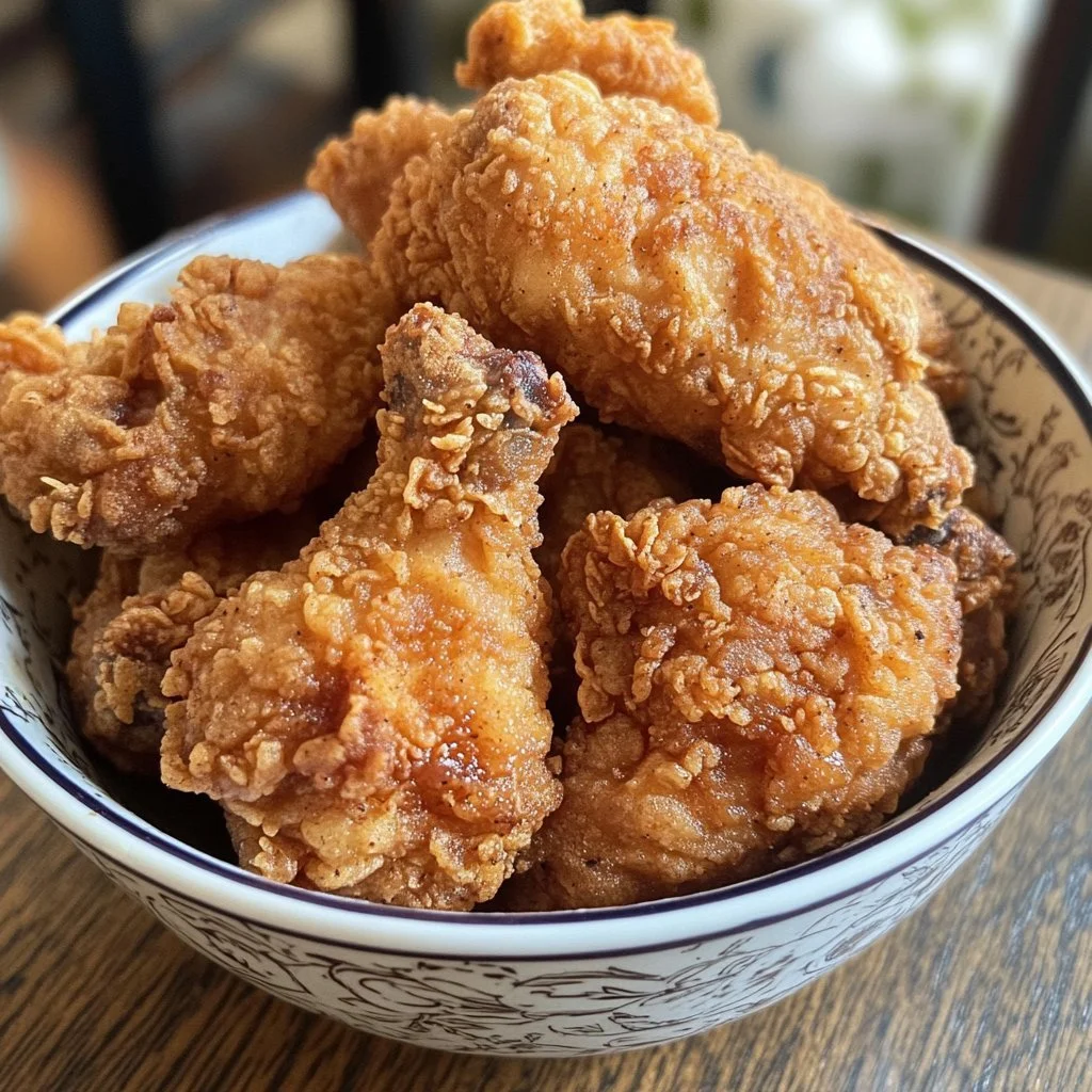 Knuspriges Frittierhähnchen nach KFC Rezept mit goldener Panade.