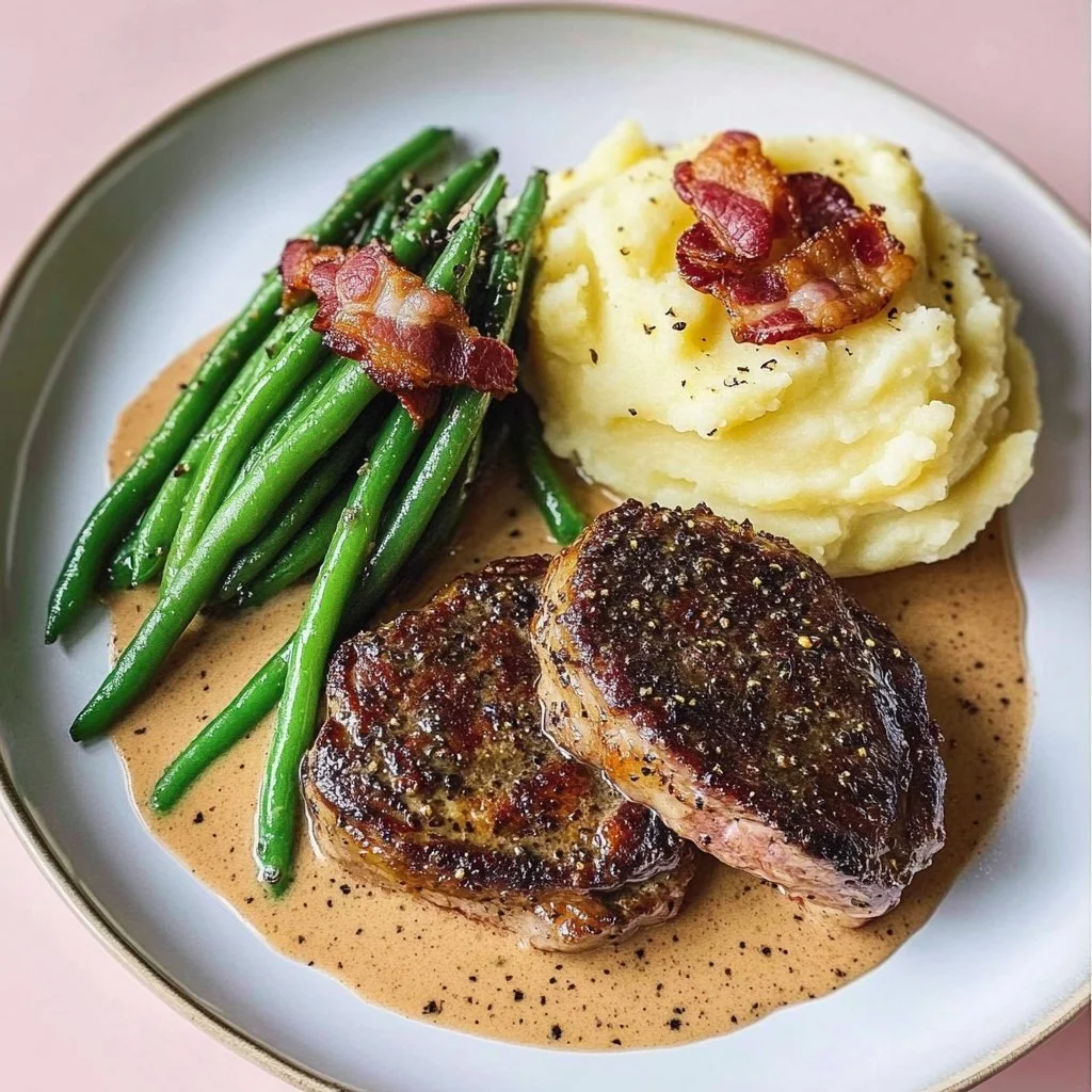 Klassisches Bistec au Poivre mit Kartoffelpüree und grünen Bohnen serviert