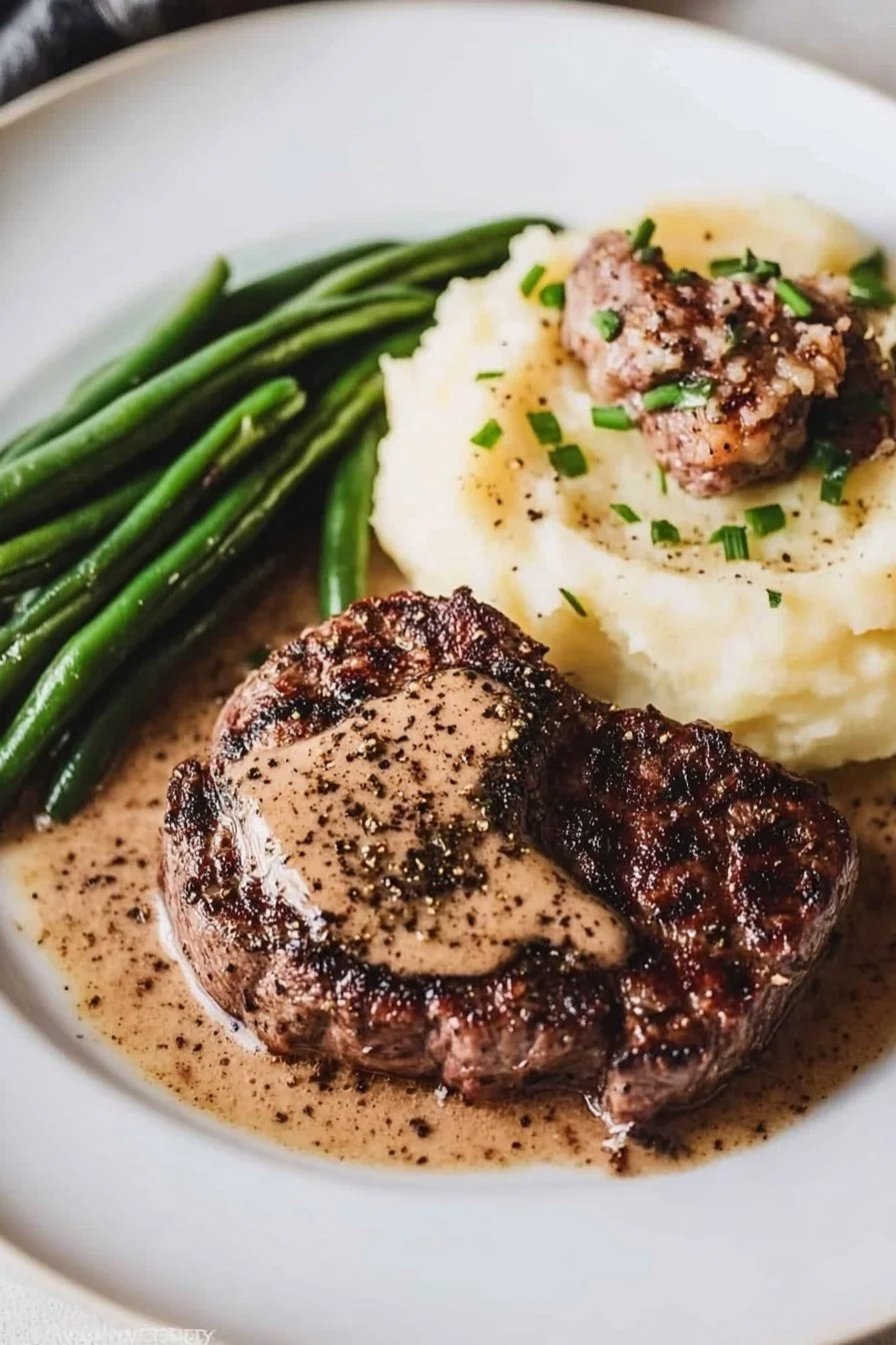Klassisches Bistec au Poivre mit Kartoffelpüree und grünen Bohnen