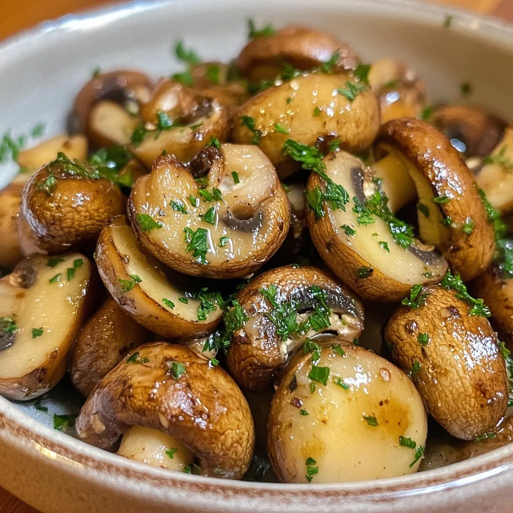 Gebackene Knoblauchchampignons auf einem Teller garnisiert mit frischen Kräutern