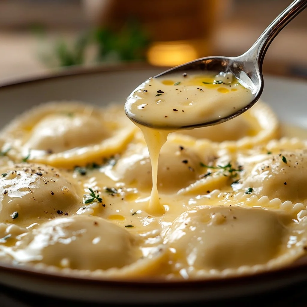 Knoblauchcreme-Sauce für Ravioli in einem weißen Schälchen mit frischem Spinat.