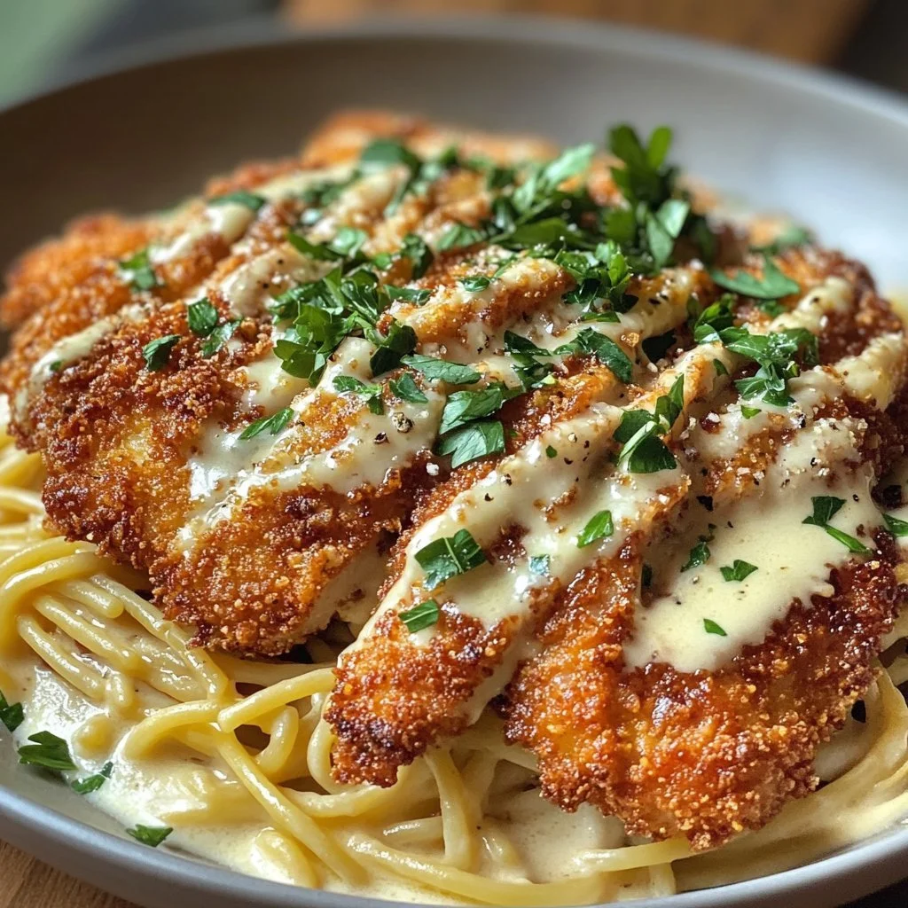 Knuspriges Hähnchen serviert mit cremiger Pasta auf einem Teller