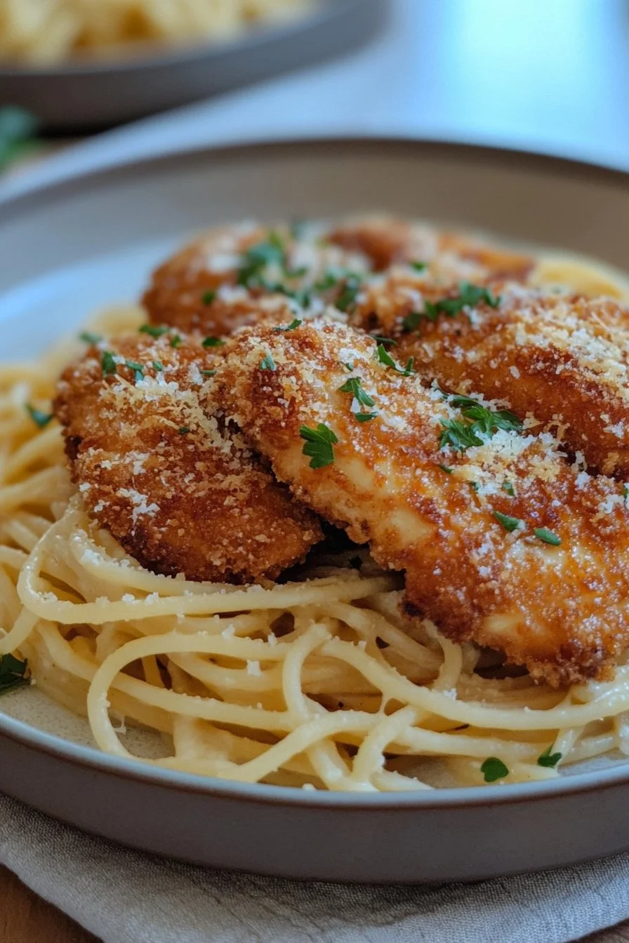 Knuspriges Hähnchen mit cremiger Pasta